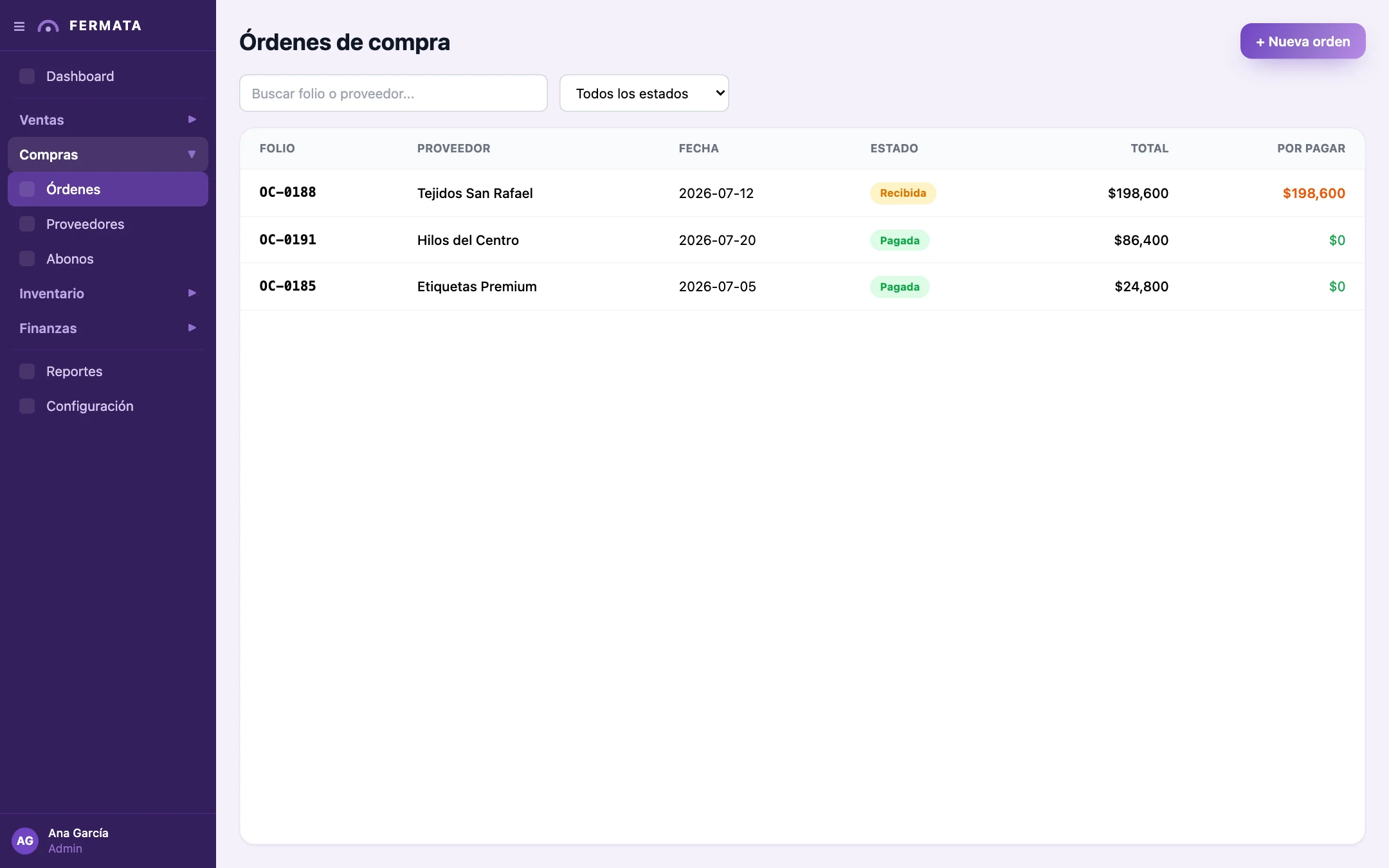 Órdenes de compra en Fermata ERP
