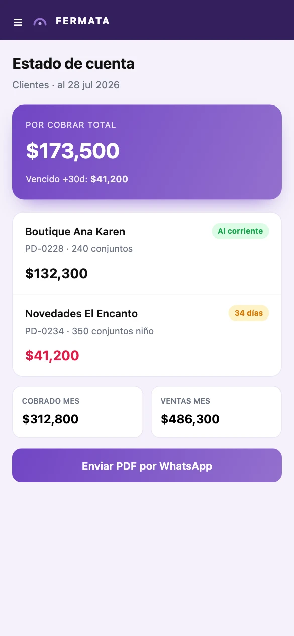 Fermata ERP en celular — dashboard y cobranza