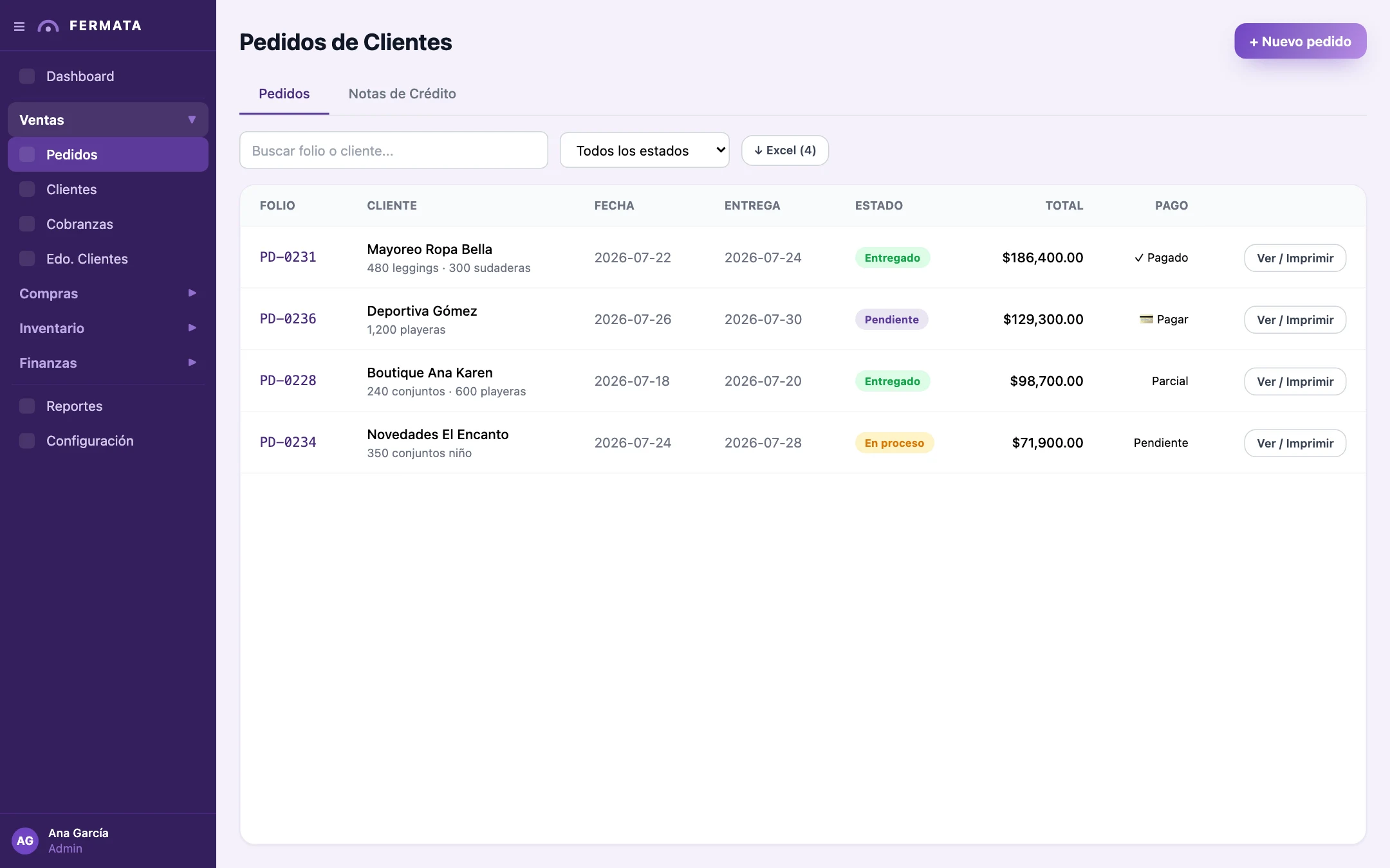 Lista de pedidos en Fermata ERP